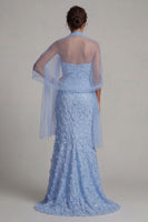 Load image into Gallery viewer, Sparkly Mermaid Sky Blue Floral Beaded Long Mother of the Bride Dress with Shawl