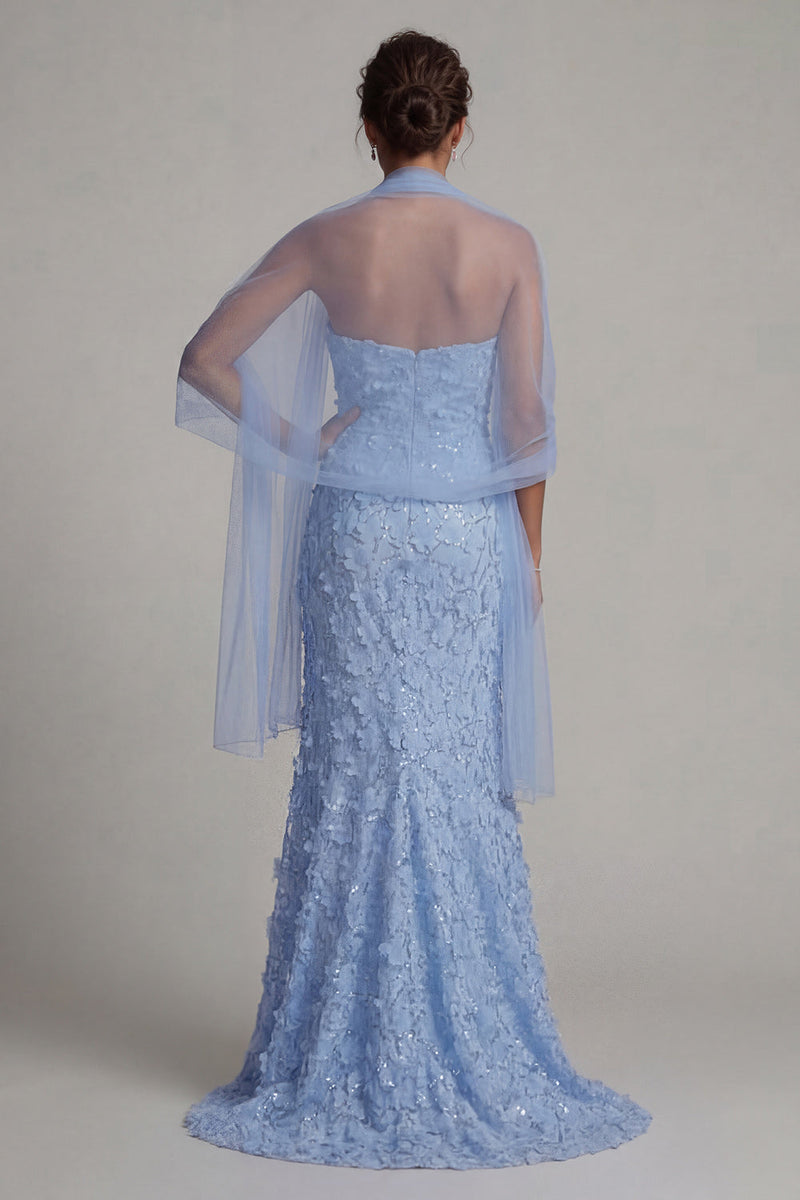 Load image into Gallery viewer, Sparkly Mermaid Sky Blue Floral Beaded Long Mother of the Bride Dress with Shawl