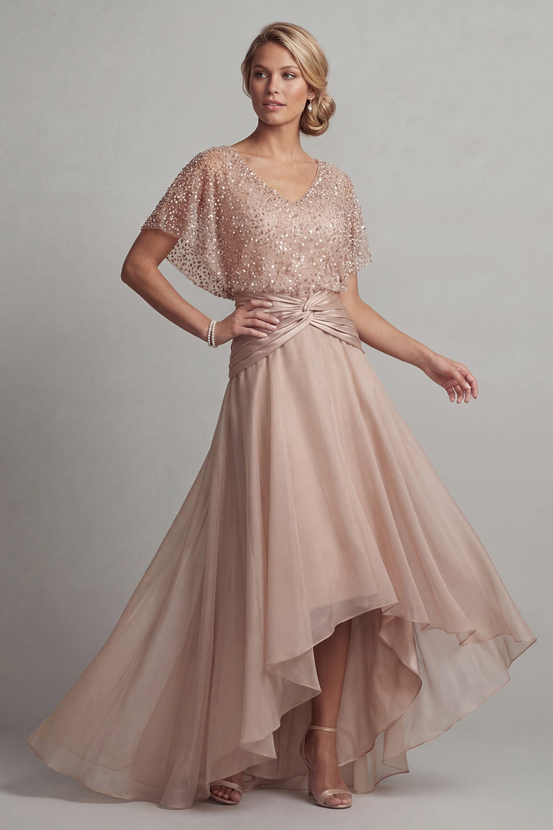 Load image into Gallery viewer, Sparkly Champagne Ruched Asymmetrical Sequin A Line Mother of the Bride Dress