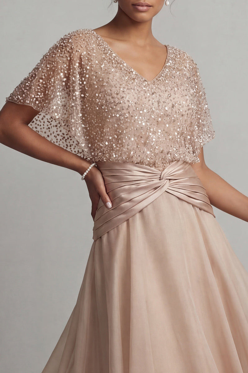 Load image into Gallery viewer, Sparkly Champagne Ruched Asymmetrical Sequin A Line Mother of the Bride Dress