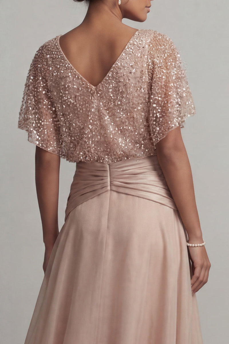 Load image into Gallery viewer, Sparkly Champagne Ruched Asymmetrical Sequin A Line Mother of the Bride Dress