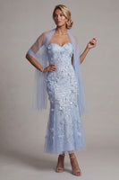 Load image into Gallery viewer, Floral Maxi Sparkly Mermaid Sky Blue Sequin Mother of the Bride Dress with Shawl