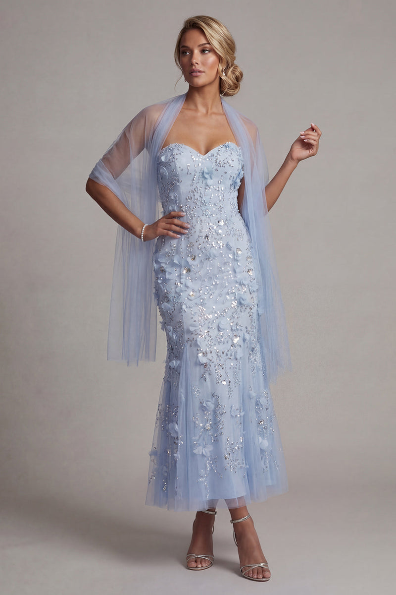 Load image into Gallery viewer, Floral Maxi Sparkly Mermaid Sky Blue Sequin Mother of the Bride Dress with Shawl