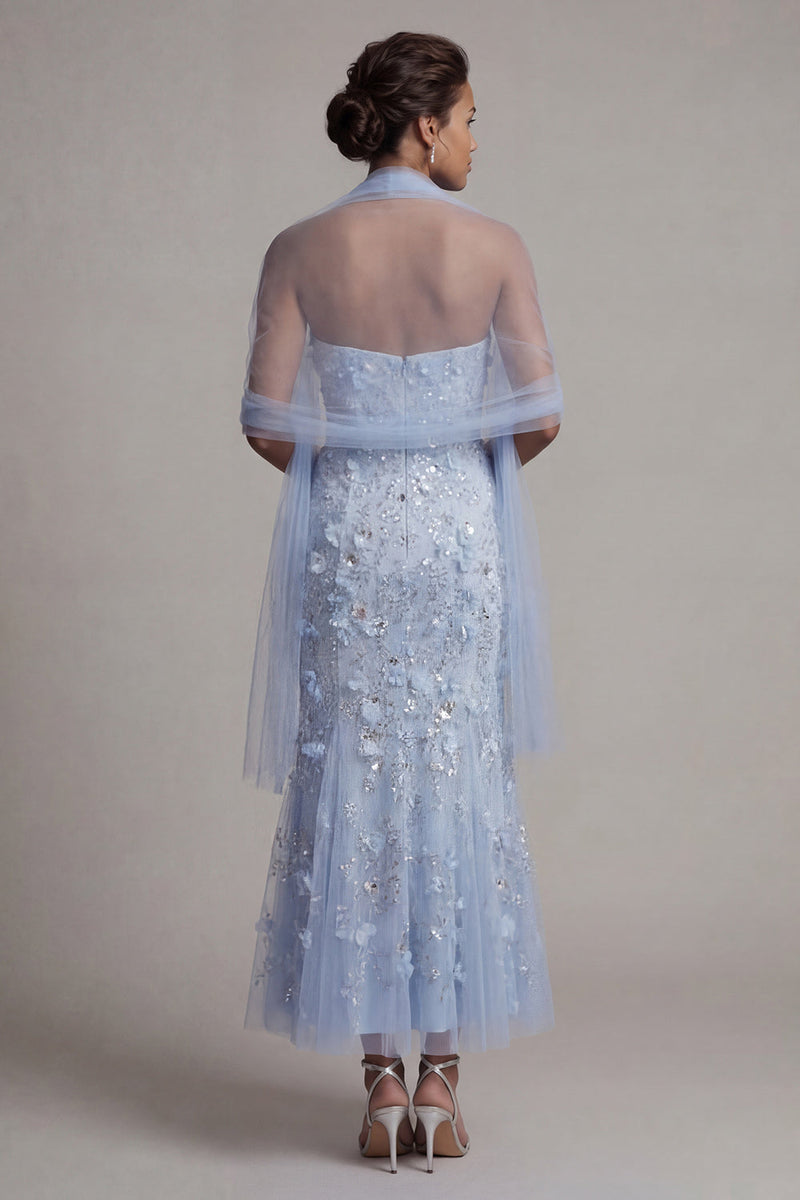 Load image into Gallery viewer, Floral Maxi Sparkly Mermaid Sky Blue Sequin Mother of the Bride Dress with Shawl