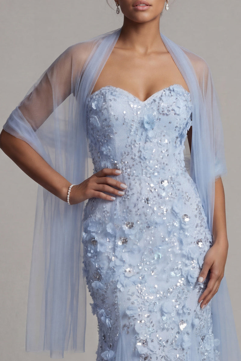 Load image into Gallery viewer, Floral Maxi Sparkly Mermaid Sky Blue Sequin Mother of the Bride Dress with Shawl