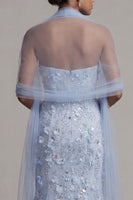 Load image into Gallery viewer, Floral Maxi Sparkly Mermaid Sky Blue Sequin Mother of the Bride Dress with Shawl