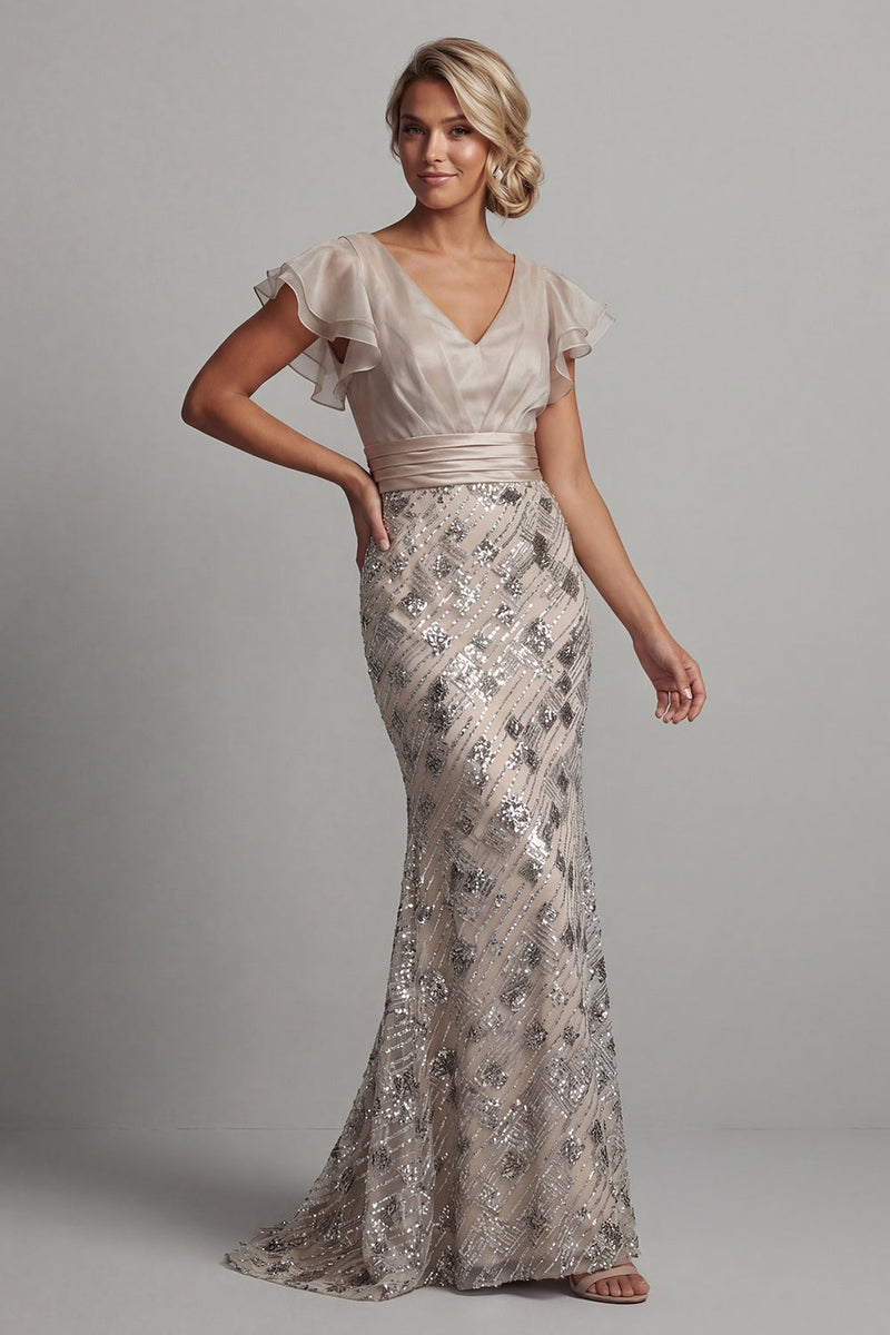 Load image into Gallery viewer, Sparkly Apricot Sequin Mermaid Long Mother of the Bride Dress with Ruffles