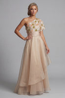 Load image into Gallery viewer, Champagne Floral A Line Long Mother of the Bride Dress with Ruffles