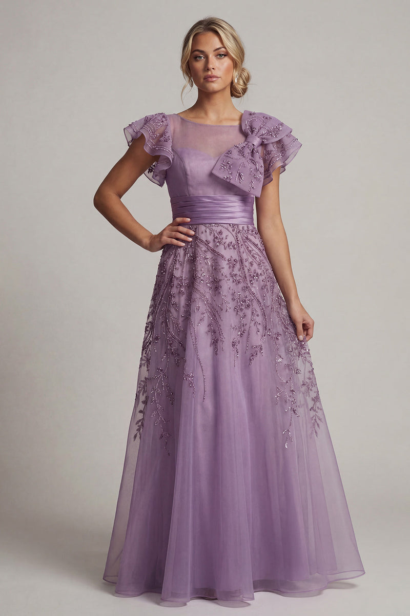 Load image into Gallery viewer, A Line Floral Purple Long Mother of the Bride Dress with Ruffles