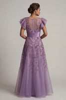 Load image into Gallery viewer, A Line Floral Purple Long Mother of the Bride Dress with Ruffles