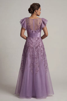 A Line Floral Purple Long Mother of the Bride Dress with Ruffles