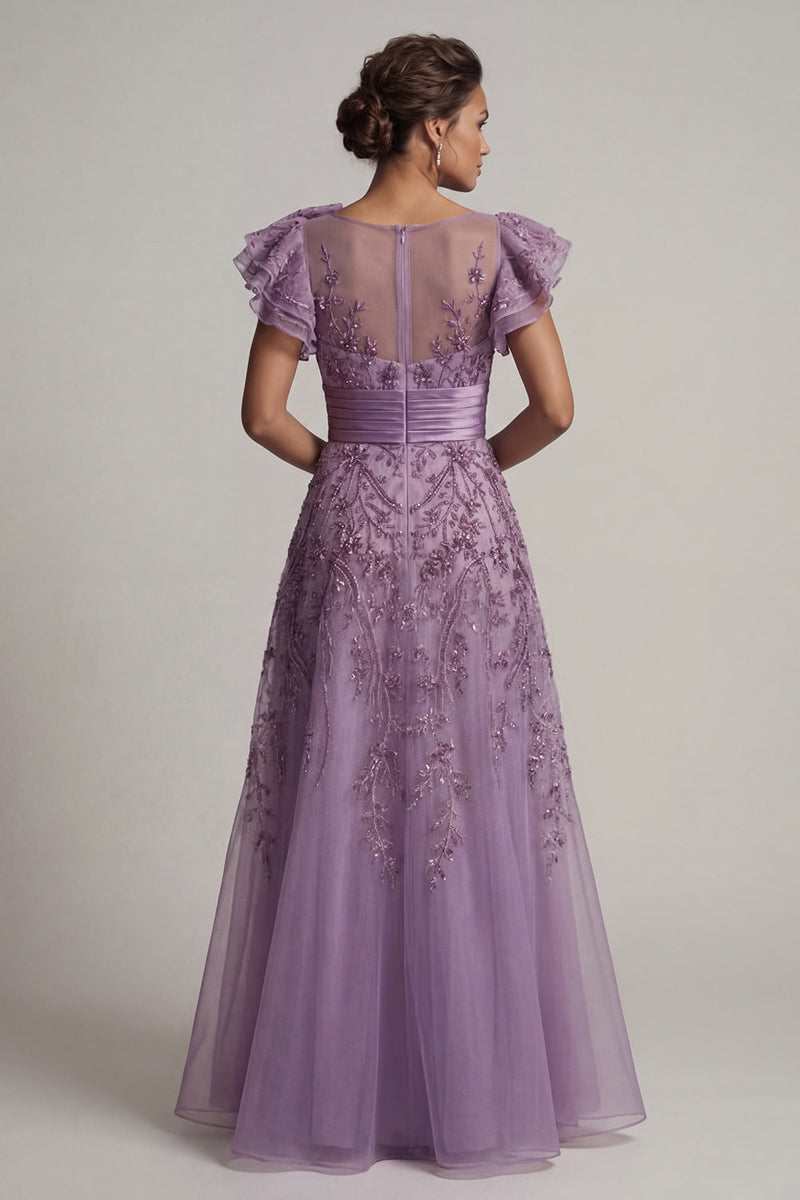 Load image into Gallery viewer, A Line Floral Purple Long Mother of the Bride Dress with Ruffles