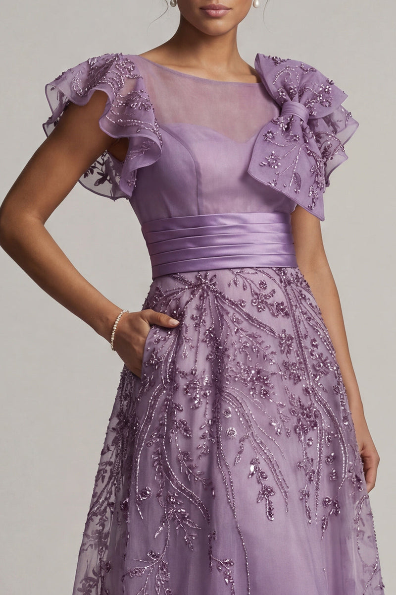 Load image into Gallery viewer, A Line Floral Purple Long Mother of the Bride Dress with Ruffles