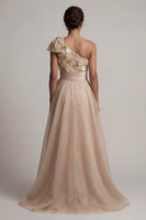 Load image into Gallery viewer, Floral Champagne Long A Line Mother of the Bride Dress with Bow