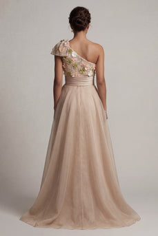 Floral Champagne Long A Line Mother of the Bride Dress with Bow