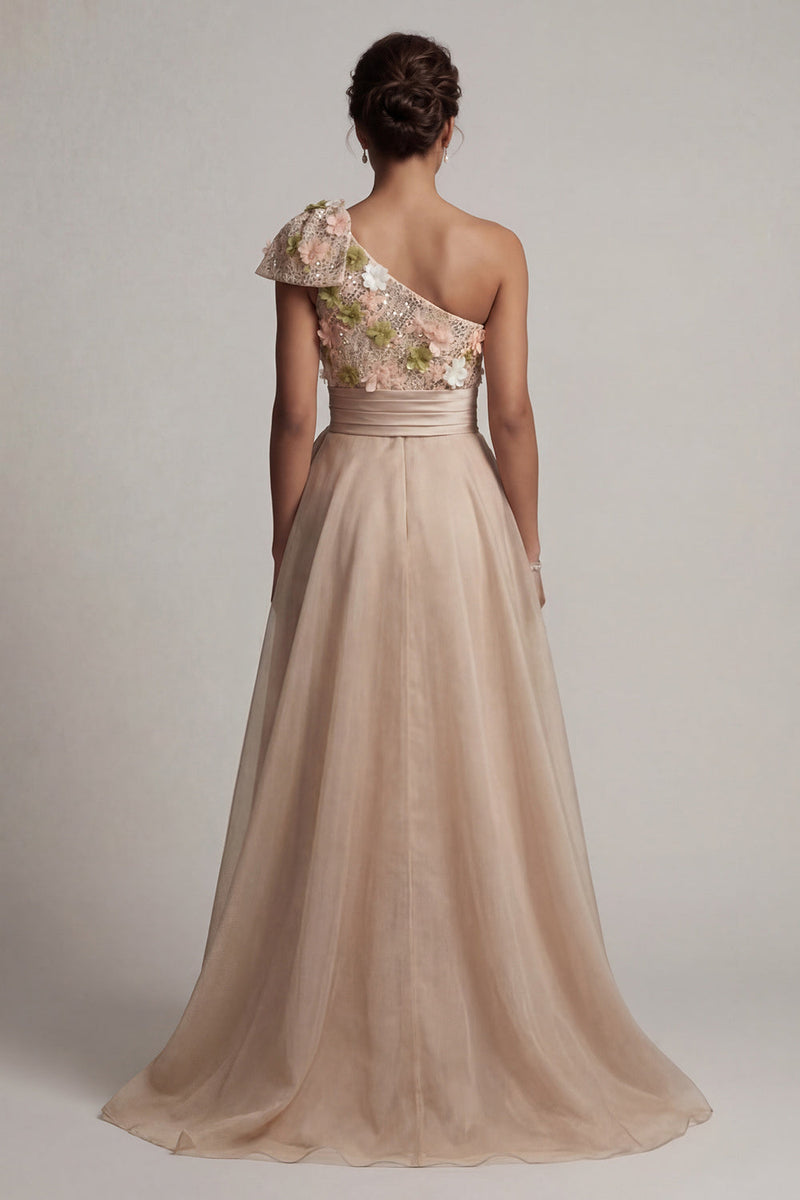 Load image into Gallery viewer, Floral Champagne Long A Line Mother of the Bride Dress with Bow