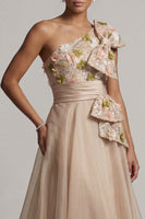 Load image into Gallery viewer, Floral Champagne Long A Line Mother of the Bride Dress with Bow