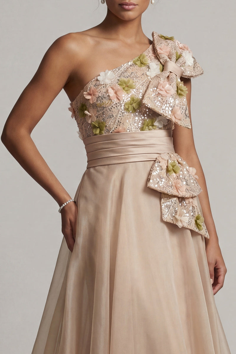 Load image into Gallery viewer, Floral Champagne Long A Line Mother of the Bride Dress with Bow