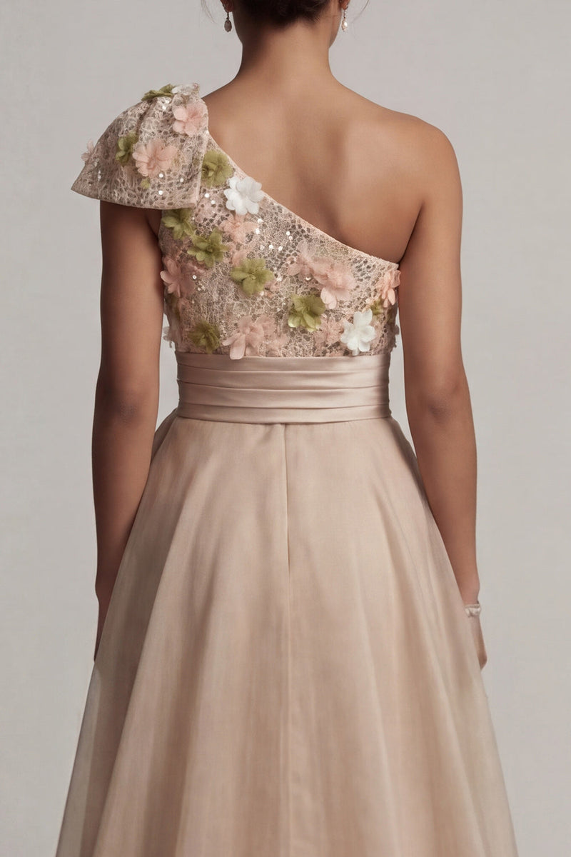 Load image into Gallery viewer, Floral Champagne Long A Line Mother of the Bride Dress with Bow