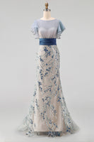 Load image into Gallery viewer, Floral Mermaid Dusty Blue Long Mother of the Bride Dress with Ruffles