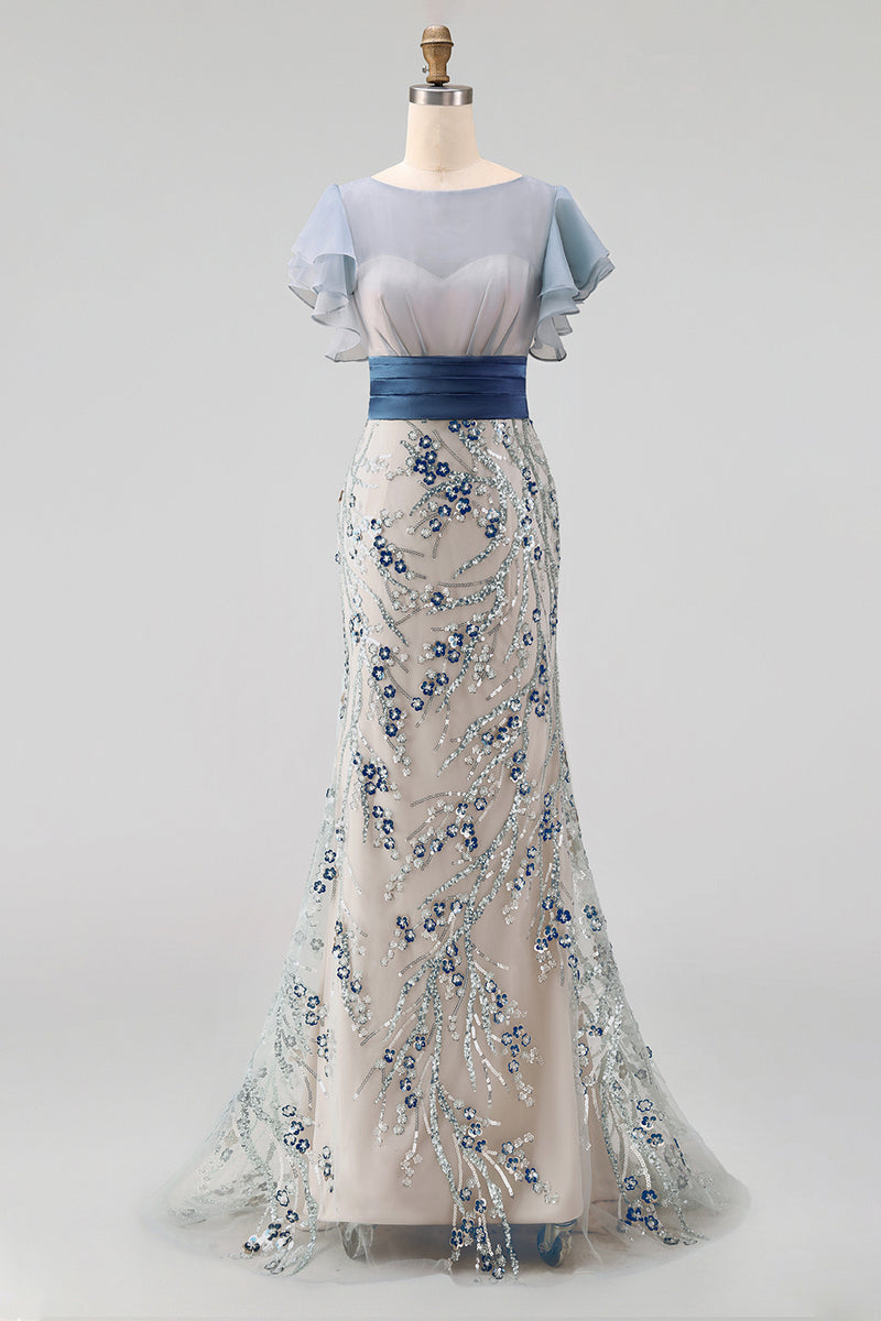 Load image into Gallery viewer, Floral Mermaid Dusty Blue Long Mother of the Bride Dress with Ruffles