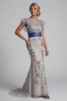 Load image into Gallery viewer, Floral Mermaid Dusty Blue Long Mother of the Bride Dress with Ruffles