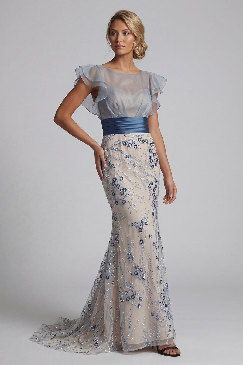 Load image into Gallery viewer, Floral Mermaid Dusty Blue Long Mother of the Bride Dress with Ruffles