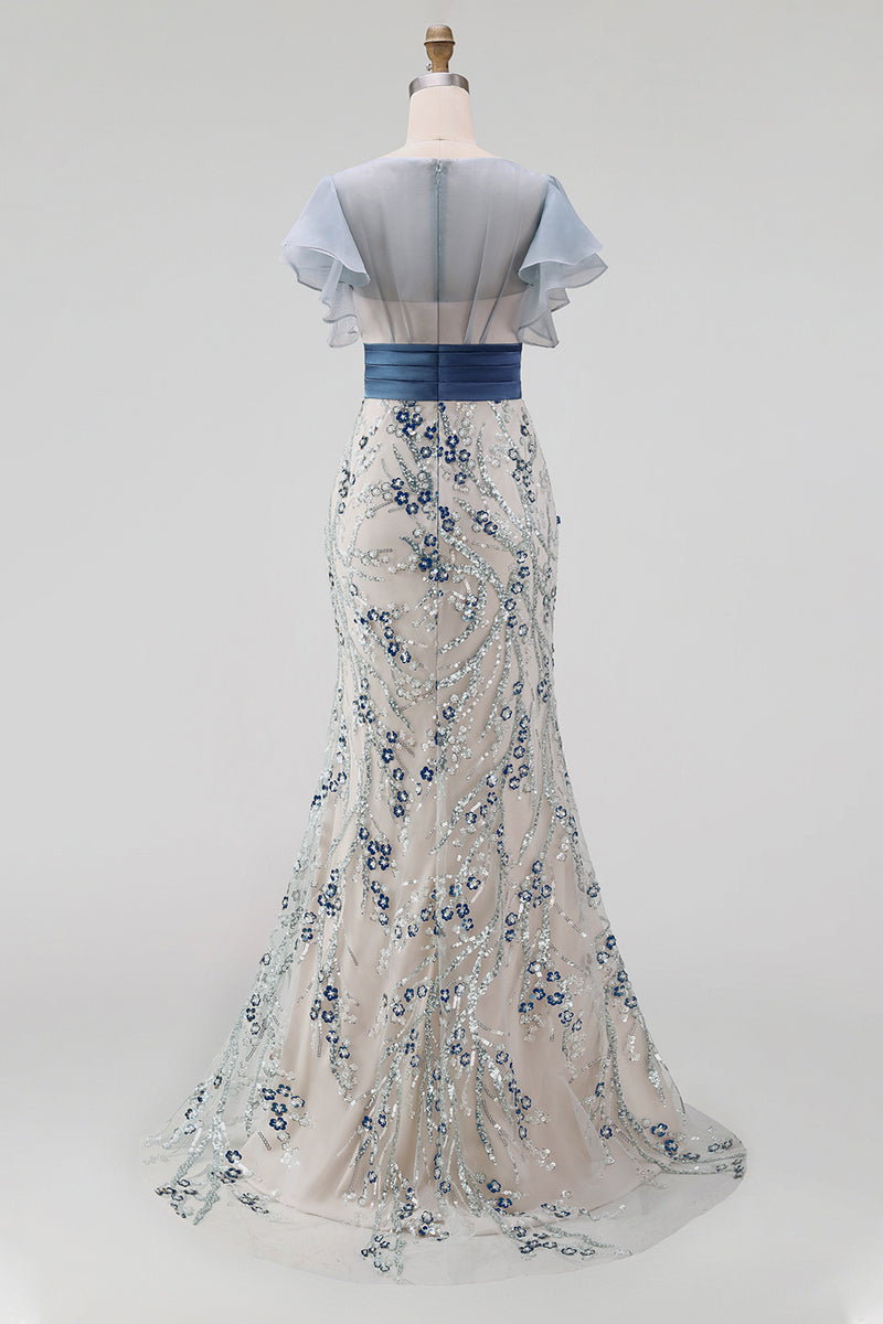Load image into Gallery viewer, Floral Mermaid Dusty Blue Long Mother of the Bride Dress with Ruffles