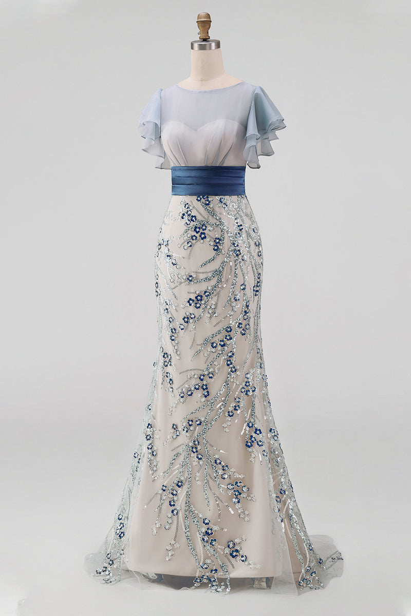 Load image into Gallery viewer, Floral Mermaid Dusty Blue Long Mother of the Bride Dress with Ruffles