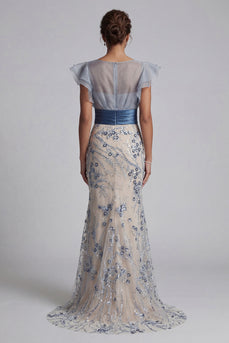 Floral Mermaid Dusty Blue Long Mother of the Bride Dress with Ruffles