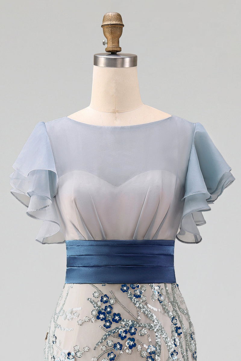 Load image into Gallery viewer, Floral Mermaid Dusty Blue Long Mother of the Bride Dress with Ruffles
