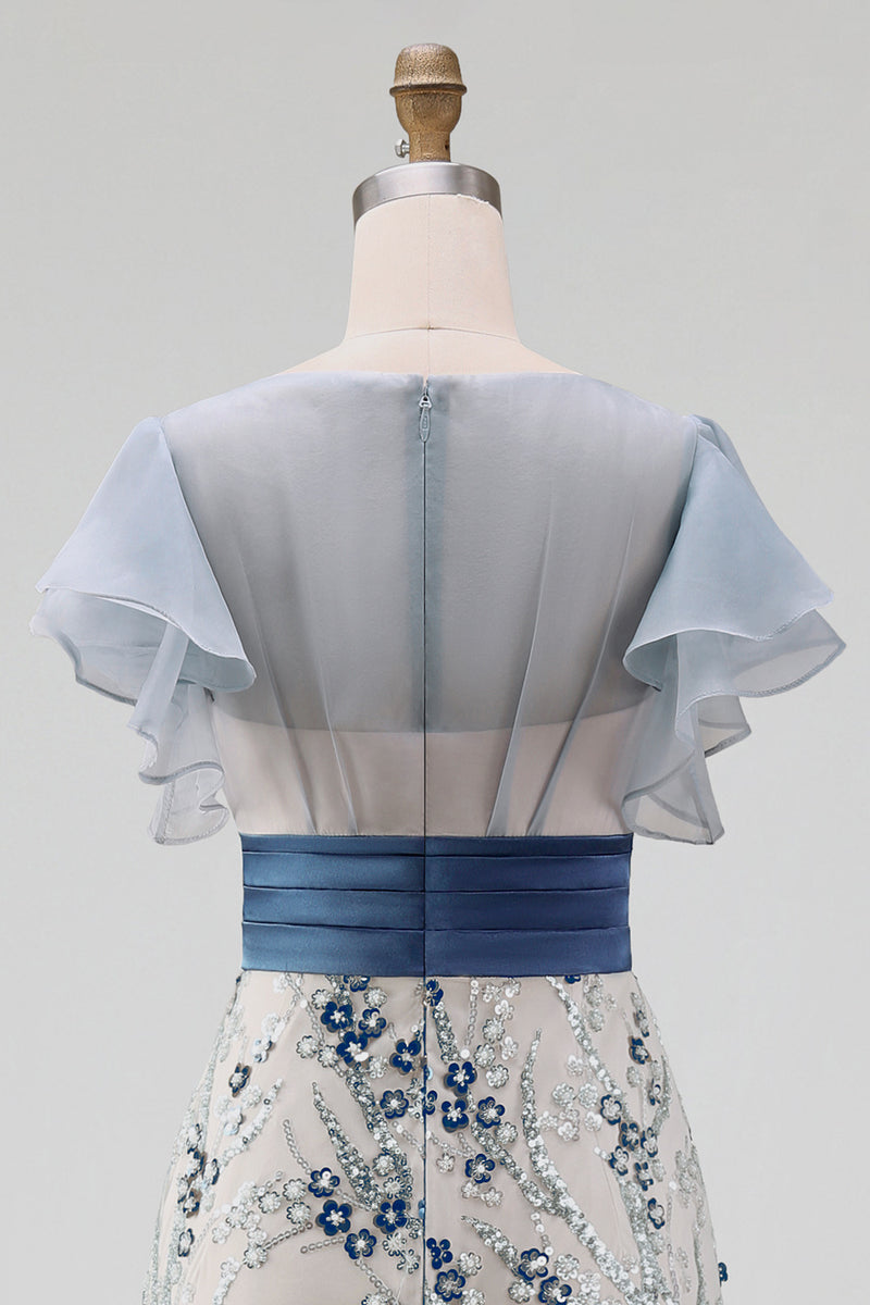 Load image into Gallery viewer, Floral Mermaid Dusty Blue Long Mother of the Bride Dress with Ruffles