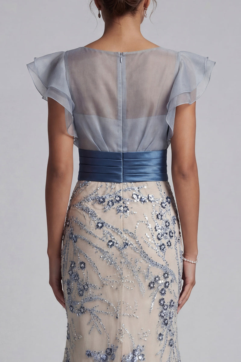 Load image into Gallery viewer, Floral Mermaid Dusty Blue Long Mother of the Bride Dress with Ruffles