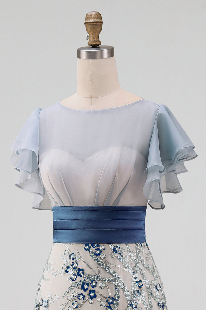 Load image into Gallery viewer, Floral Mermaid Dusty Blue Long Mother of the Bride Dress with Ruffles