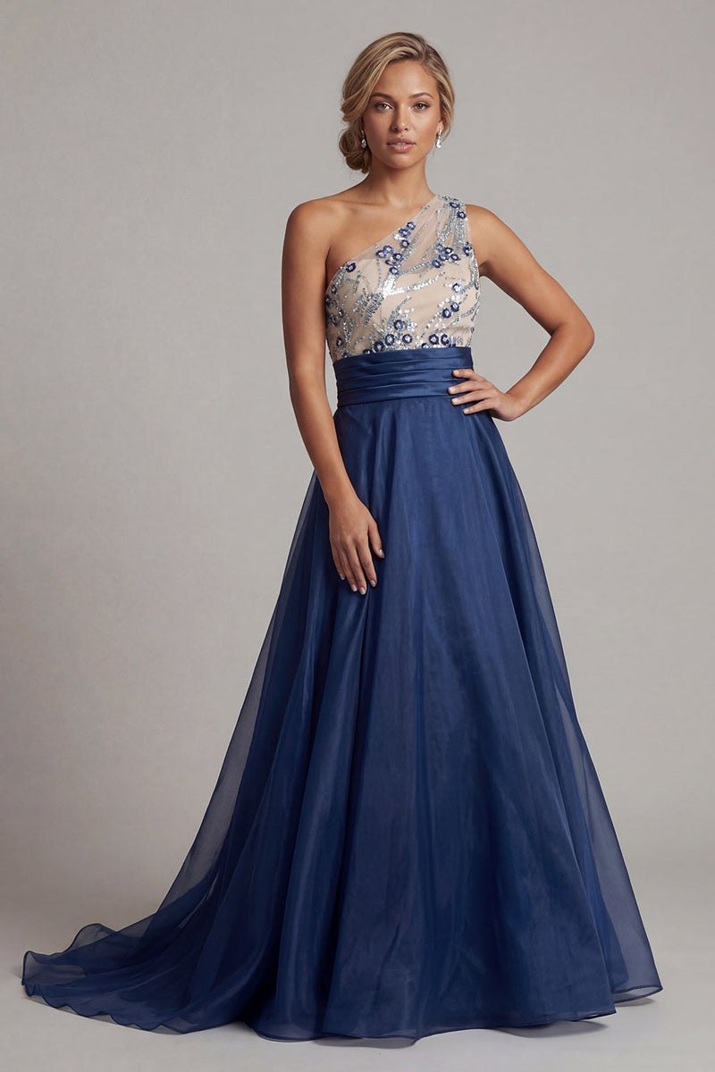 Load image into Gallery viewer, Navy A Line Floral One Shoulder Long Mother of the Bride Dress