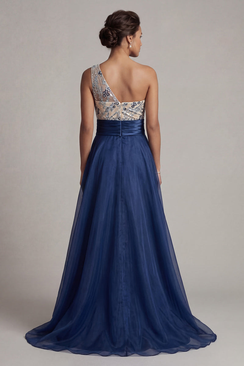 Load image into Gallery viewer, Navy A Line Floral One Shoulder Long Mother of the Bride Dress