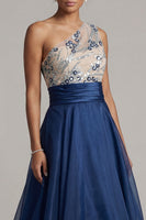 Load image into Gallery viewer, Navy A Line Floral One Shoulder Long Mother of the Bride Dress