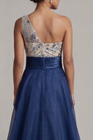 Load image into Gallery viewer, Navy A Line Floral One Shoulder Long Mother of the Bride Dress