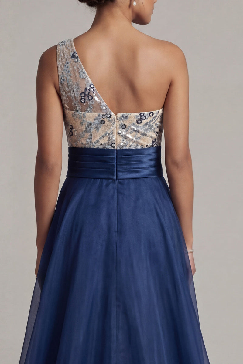 Load image into Gallery viewer, Navy A Line Floral One Shoulder Long Mother of the Bride Dress
