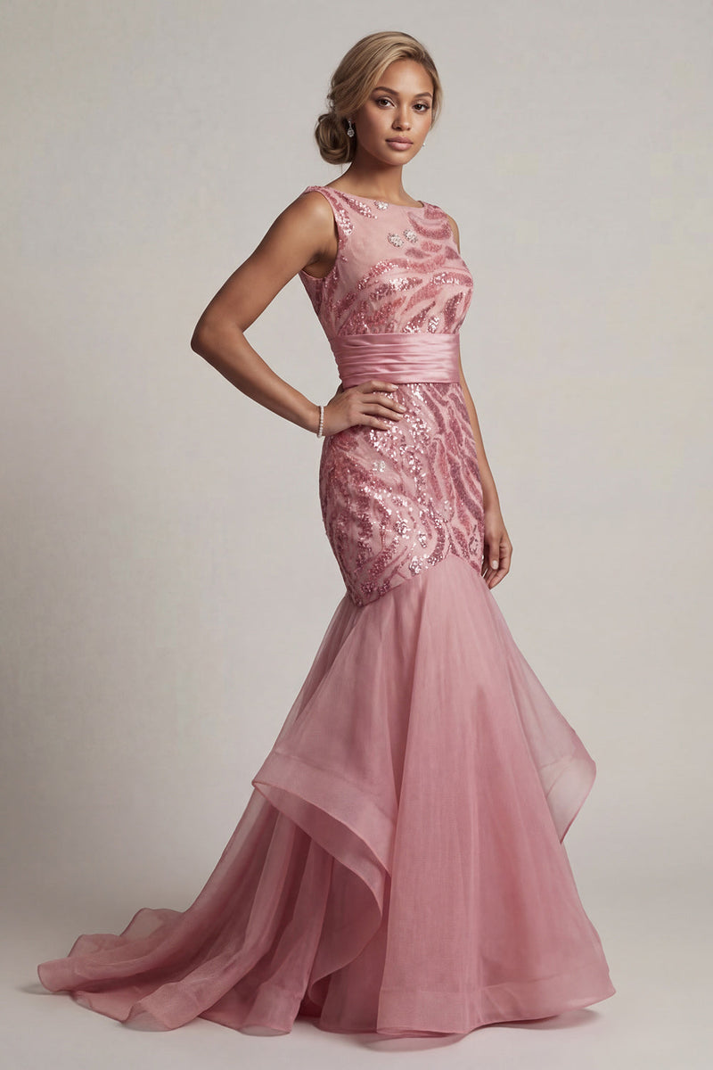 Load image into Gallery viewer, Sparkly Pink Long Sequin Mermaid Mother of the Bride Dress with Ruffles