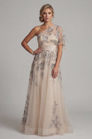 Load image into Gallery viewer, A Line Champagne Floral Long One Shoulder Mother of the Bride Dress