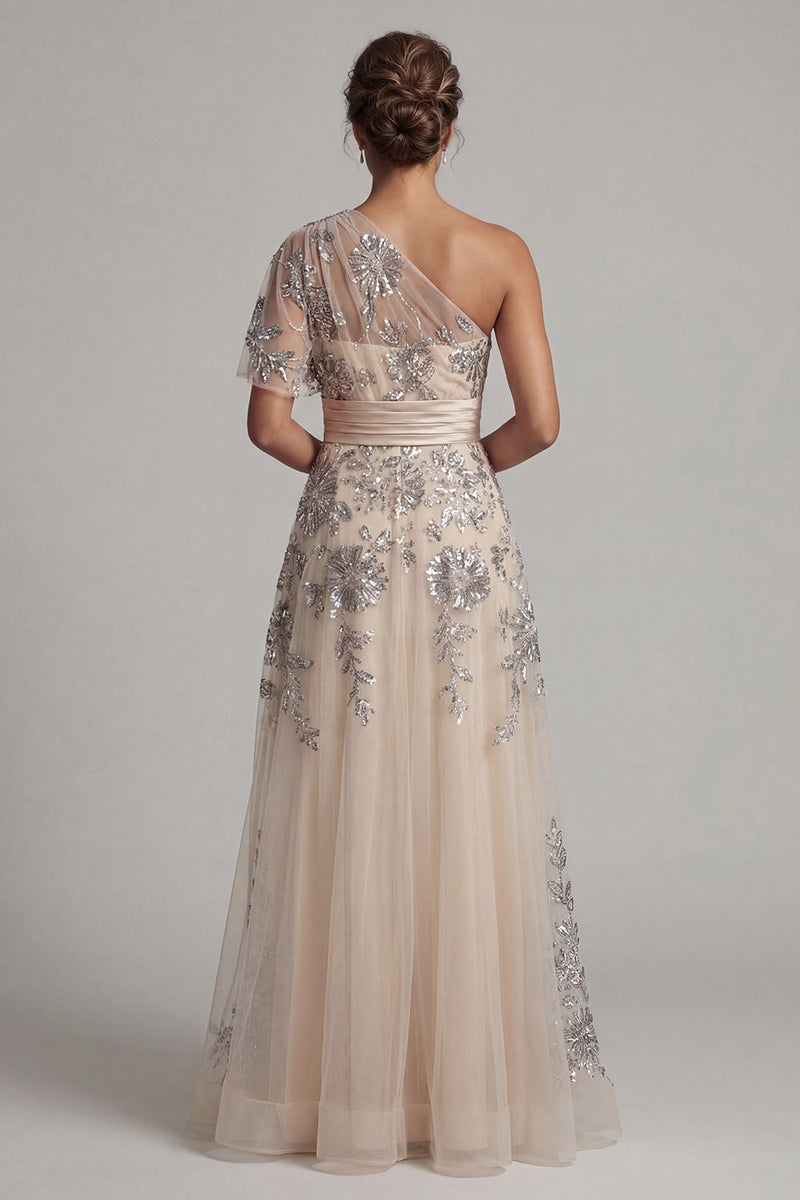 Load image into Gallery viewer, A Line Champagne Floral Long One Shoulder Mother of the Bride Dress