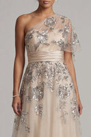 Load image into Gallery viewer, A Line Champagne Floral Long One Shoulder Mother of the Bride Dress