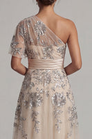 Load image into Gallery viewer, A Line Champagne Floral Long One Shoulder Mother of the Bride Dress