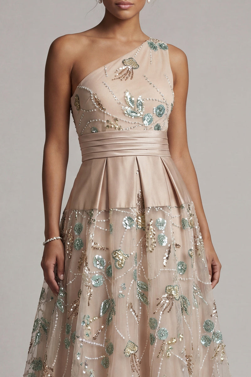 Load image into Gallery viewer, Sparkly A Line Floral Long Champagne Sequin Mother of the Bride Dress