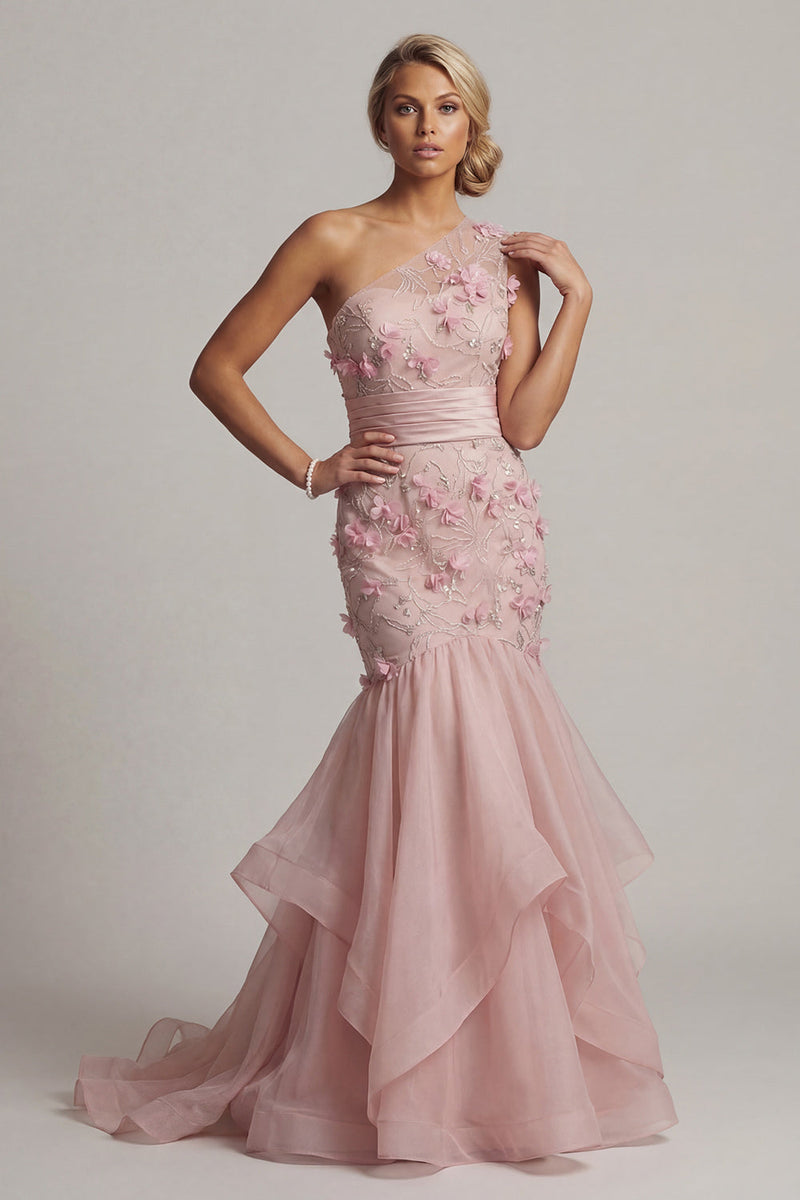 Load image into Gallery viewer, Floral Mermaid Blush Long Mother of the Bride Dress with Ruffles
