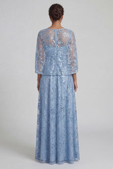 A Line Floral Long Sparkly Sequin Sky Blue Mother of the Bride Dress with Slit
