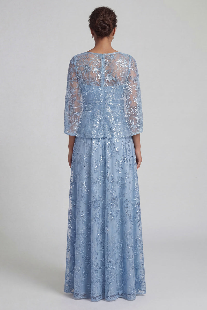 Load image into Gallery viewer, A Line Floral Long Sparkly Sequin Sky Blue Mother of the Bride Dress with Slit