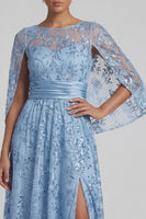 Load image into Gallery viewer, A Line Floral Long Sparkly Sequin Sky Blue Mother of the Bride Dress with Slit
