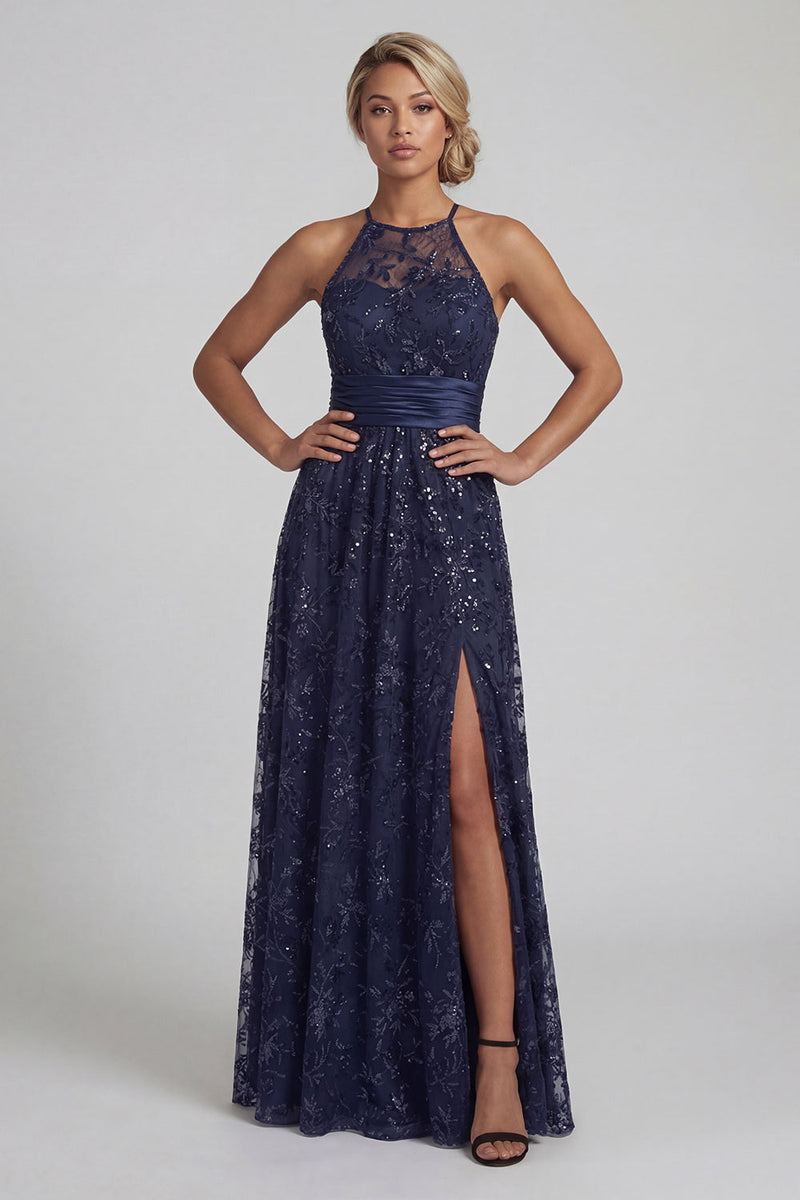Load image into Gallery viewer, Floral Long Sparkly Sequin Navy A Line Mother of the Bride Dress with Slit